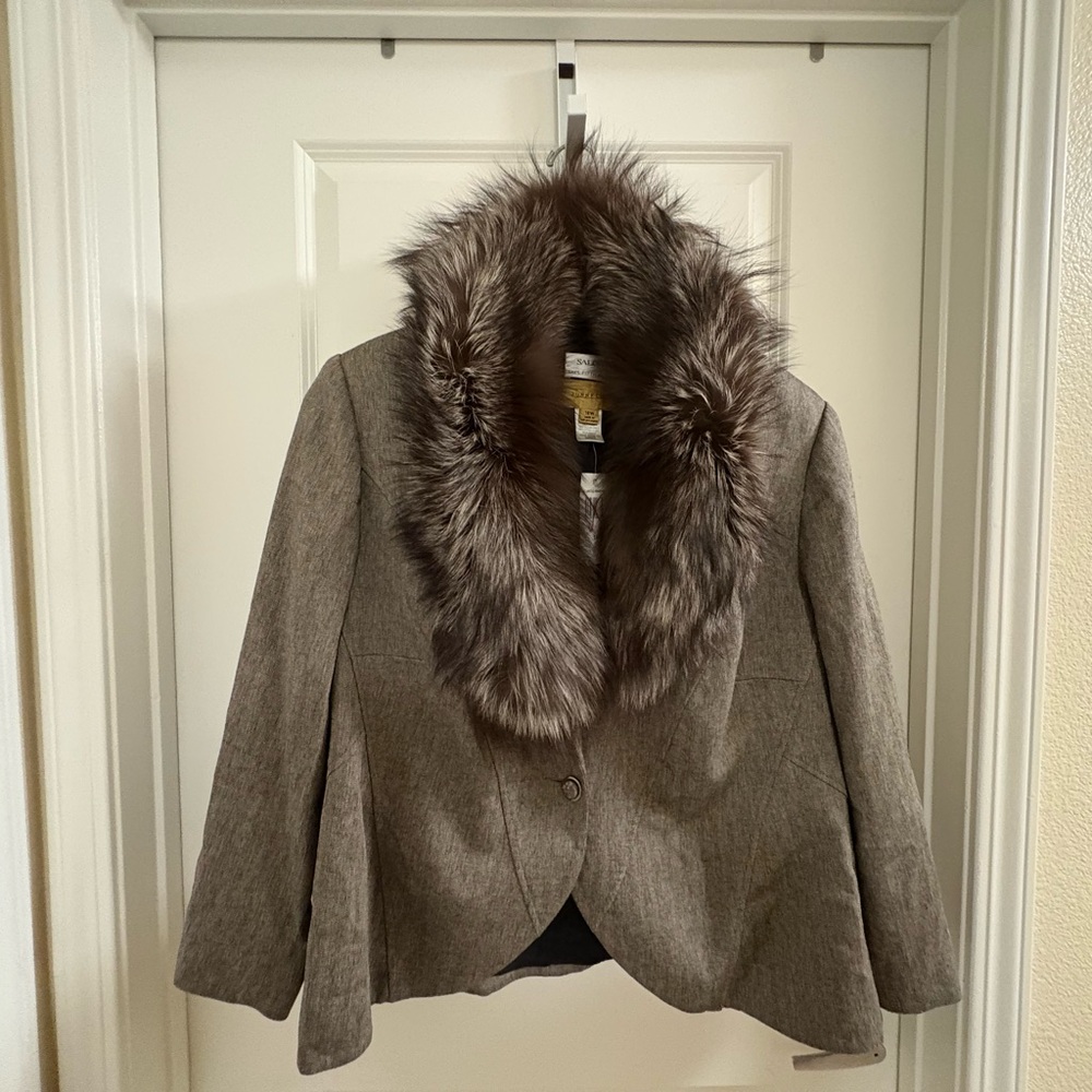 Saks Fifth Avenue Brown Blazer with Faux Fur Collar